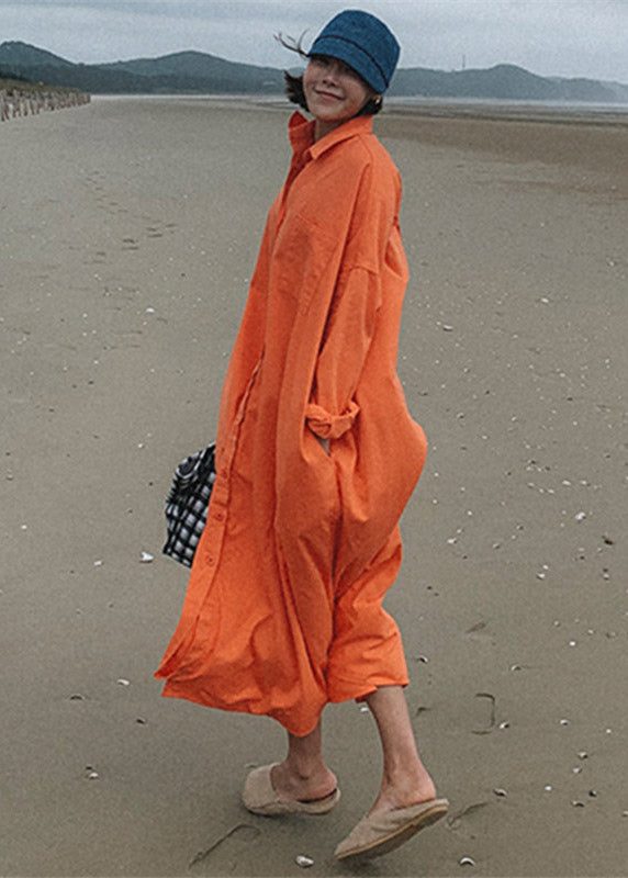 Loose Orange Peter Pan Collar Button Pockets Cotton Dress Long Sleeve