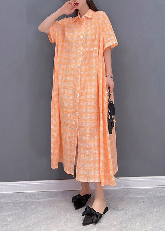 Loose Orange Peter Pan Collar Button Pockets Plaid Long Dress Short Sleeve