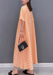 Loose Orange Peter Pan Collar Button Pockets Plaid Long Dress Short Sleeve