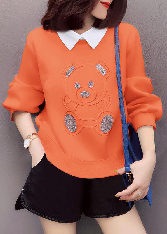 Loose Orange PeterPan Collar Print Casual Fall Pullover Street wear