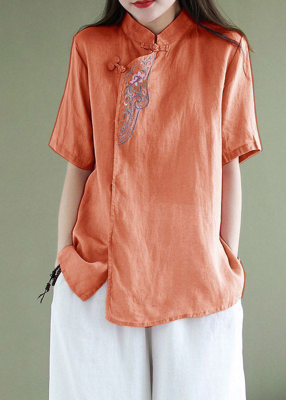 Loose Orange Stand Collar Embroideried Button Shirt Short Sleeve