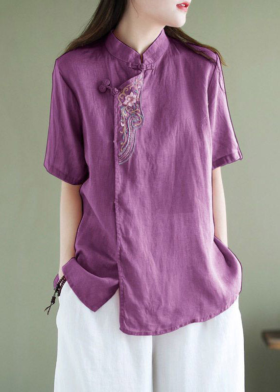 Loose Orange Stand Collar Embroideried Button Shirt Short Sleeve