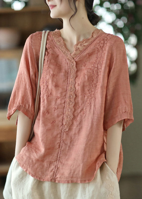 Loose Orange V Neck Lace Patchwork Linen Top Half Sleeve