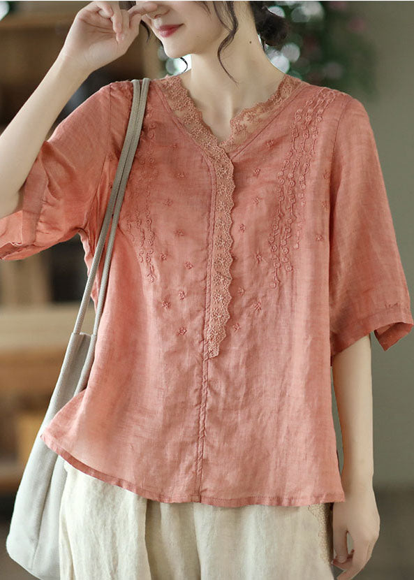 Loose Orange V Neck Lace Patchwork Linen Top Half Sleeve