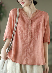 Loose Orange V Neck Lace Patchwork Linen Top Half Sleeve