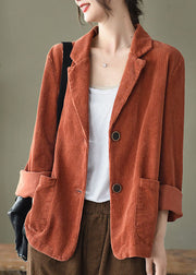 Loose Orange Yellow button pockets Peter Pan Collar Corduroy Coat Long Sleeve