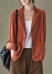 Loose Orange Yellow button pockets Peter Pan Collar Corduroy Coat Long Sleeve