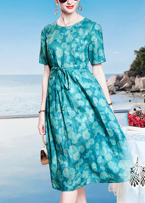 Loose Peacock Blue O-Neck Dot Print Drawstring Linen Long Dresses Short Sleeve