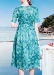 Loose Peacock Blue O-Neck Dot Print Drawstring Linen Long Dresses Short Sleeve