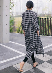 Loose Peter Pan Collar Asymmetrical Plaid Button Side Open Dress Long Sleeve