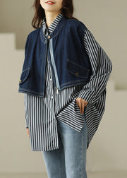 Loose Peter Pan Collar Button Striped Patchwork Fake Two Piece Denim Cotton Shirt Long Sleeve