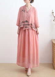 Birds Over The Clouds- Pink Oriental Summer Linen Outfit Blouse & Pants Two Pieces Set - SooLinen