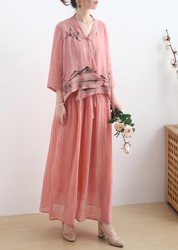 Birds Over The Clouds- Pink Oriental Summer Linen Outfit Blouse & Pants Two Pieces Set - SooLinen