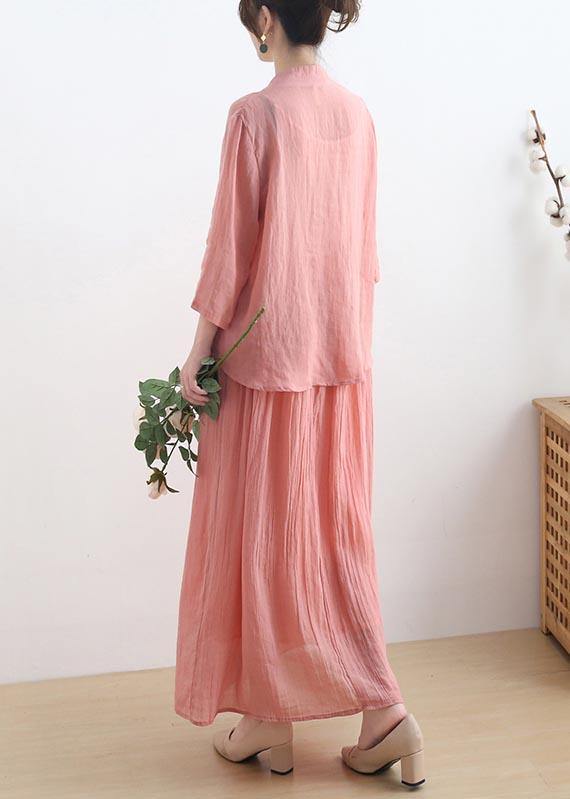 Birds Over The Clouds- Pink Oriental Summer Linen Outfit Blouse & Pants Two Pieces Set - SooLinen