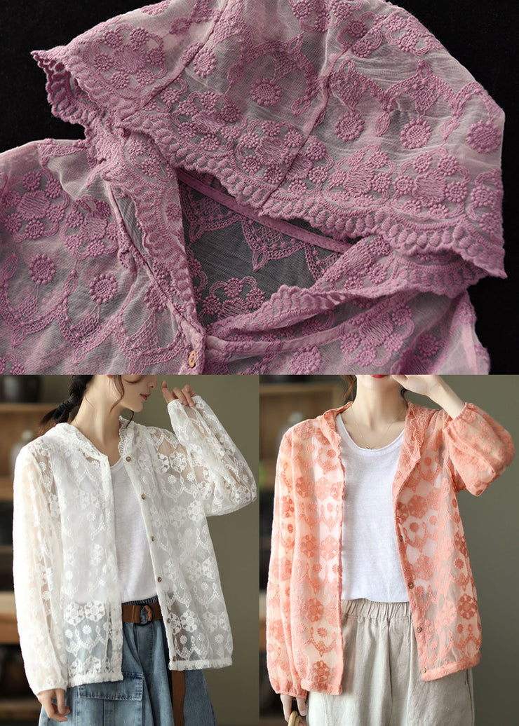 Loose Pink Embroideried Patchwork Lace Cardigans Long sleeve