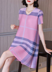 Loose Pink Plaid O-Neck Half Sleeve Dress Summer - SooLinen