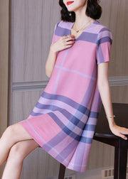 Loose Pink Plaid O-Neck Half Sleeve Dress Summer - SooLinen