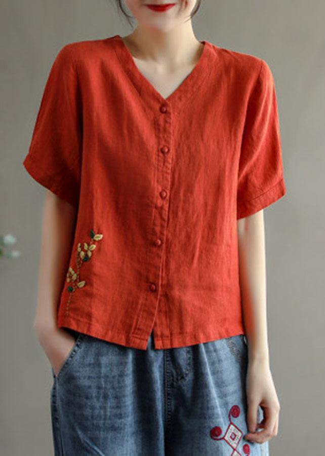 Loose Pink V Neck Embroideried Floral Summer Linen Shirt - SooLinen