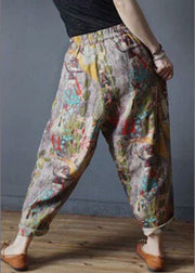 Loose Pockets Elastic Waist Print Linen Harem Pants Summer