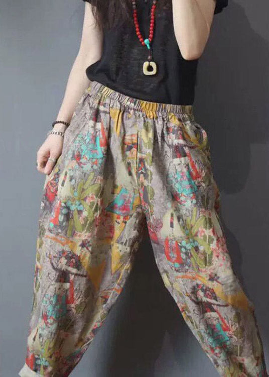 Loose Pockets Elastic Waist Print Linen Harem Pants Summer