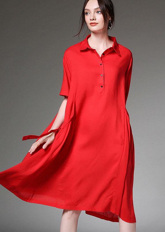 Loose Red Asymmetrical Design Tie Waist Spring Half Sleeve Holiday Dress - SooLinen