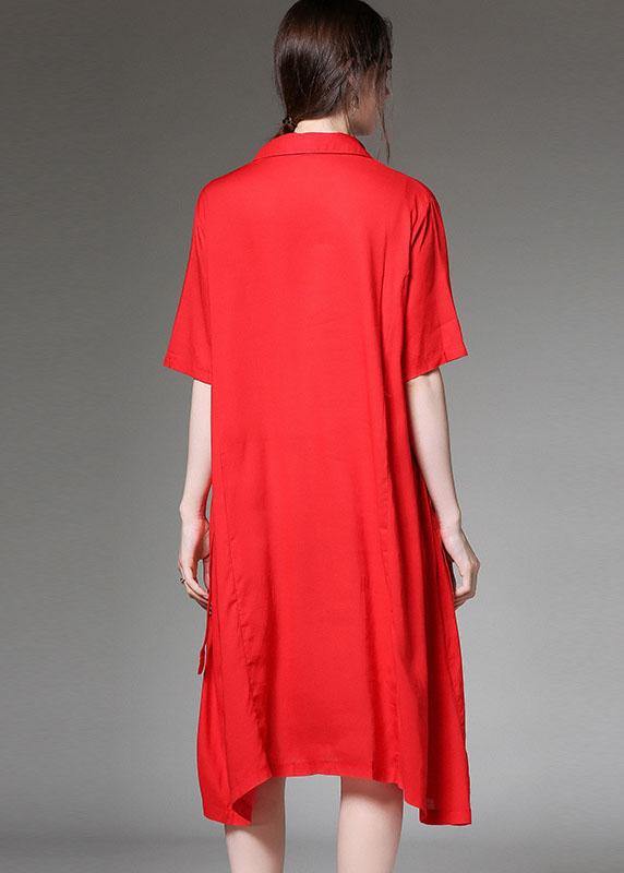 Loose Red Asymmetrical Design Tie Waist Spring Half Sleeve Holiday Dress - SooLinen