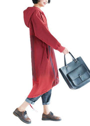 Loose Red Hooded Print Asymmetrical Design Fall Pullover Dress - SooLinen