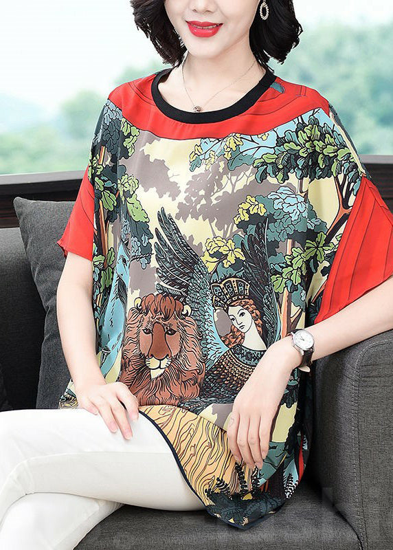 Loose Red O-Neck Animal Print Chiffon Tank Tops Batwing Sleeve