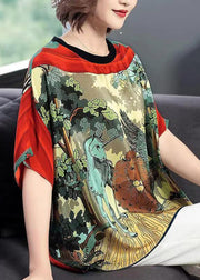 Loose Red O-Neck Animal Print Chiffon Tank Tops Batwing Sleeve