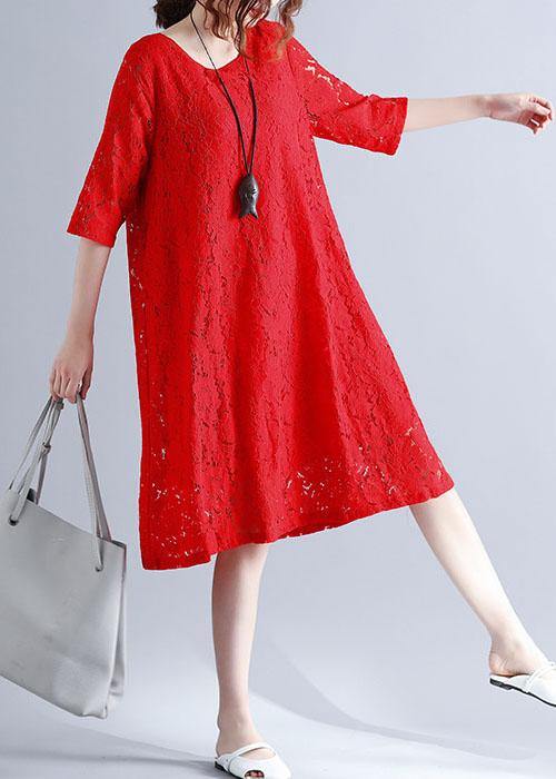 Loose Red O-Neck Hollow Out Lace Summer Party Dress Half Sleeve - SooLinen