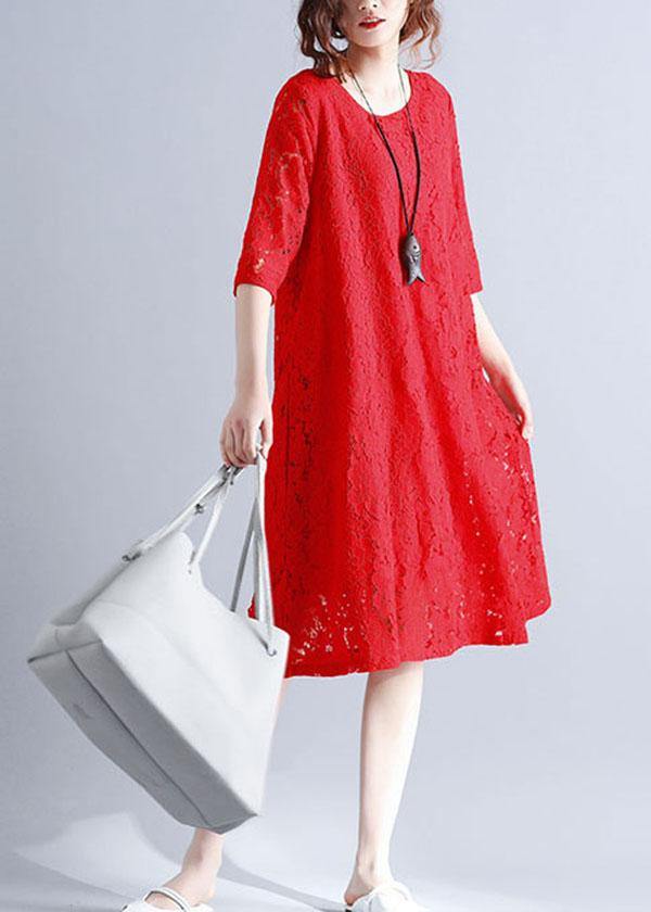 Loose Red O-Neck Hollow Out Lace Summer Party Dress Half Sleeve - SooLinen