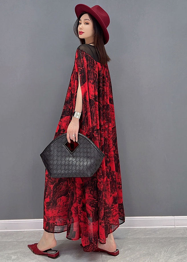 Loose Red Oversized Patchwork Print Chiffon Beach Dress Batwing Sleeve