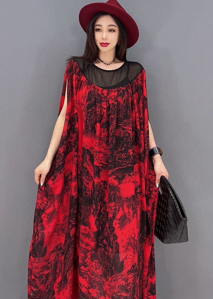 Loose Red Oversized Patchwork Print Chiffon Beach Dress Batwing Sleeve