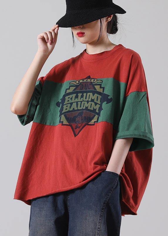 Loose Red Patchwork O-Neck Cotton Half Sleeve Top Summer - SooLinen