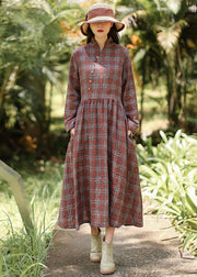 Loose Red Plaid Patchwork Cotton Dresses Spring