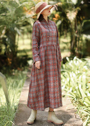 Loose Red Plaid Patchwork Cotton Dresses Spring