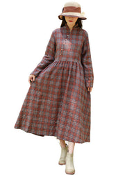 Loose Red Plaid Patchwork Cotton Dresses Spring