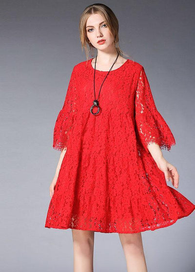 Loose Red Solid Wrinkled Spring Half Sleeve Dresses - SooLinen