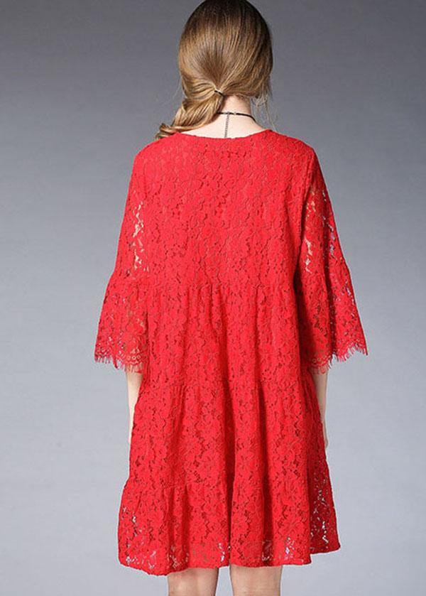 Loose Red Solid Wrinkled Spring Half Sleeve Dresses - SooLinen