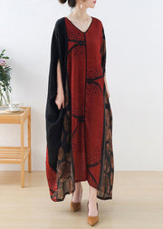 Loose Red V Neck Asymmetrical Design Patchwork Chiffon Dresses Batwing Sleeve