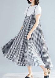 Loose Spaghetti Strap cotton Long Fashion black white Plaid Dresses Summer