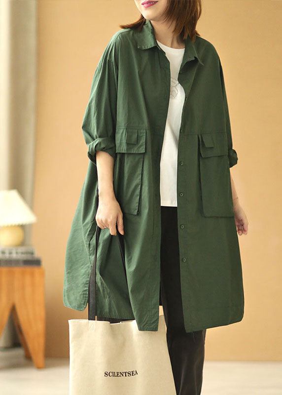 Loose Tea Green Peter Pan Collar Button Pockets Fall Long Sleeve Trench Coat