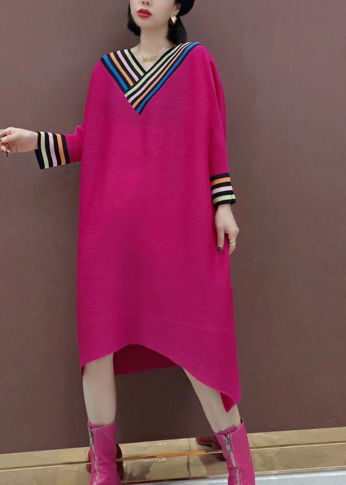 Loose V Neck Asymmetric Spring Clothes Photography Red Art Dresses - SooLinen