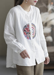 Loose White Embroideried Patchwork Linen Shirts Spring