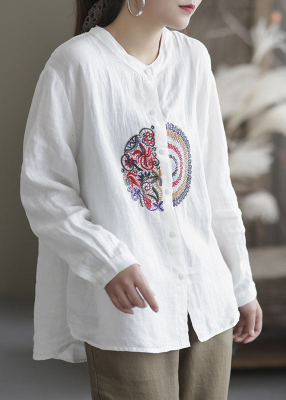 Loose White Embroideried Patchwork Linen Shirts Spring