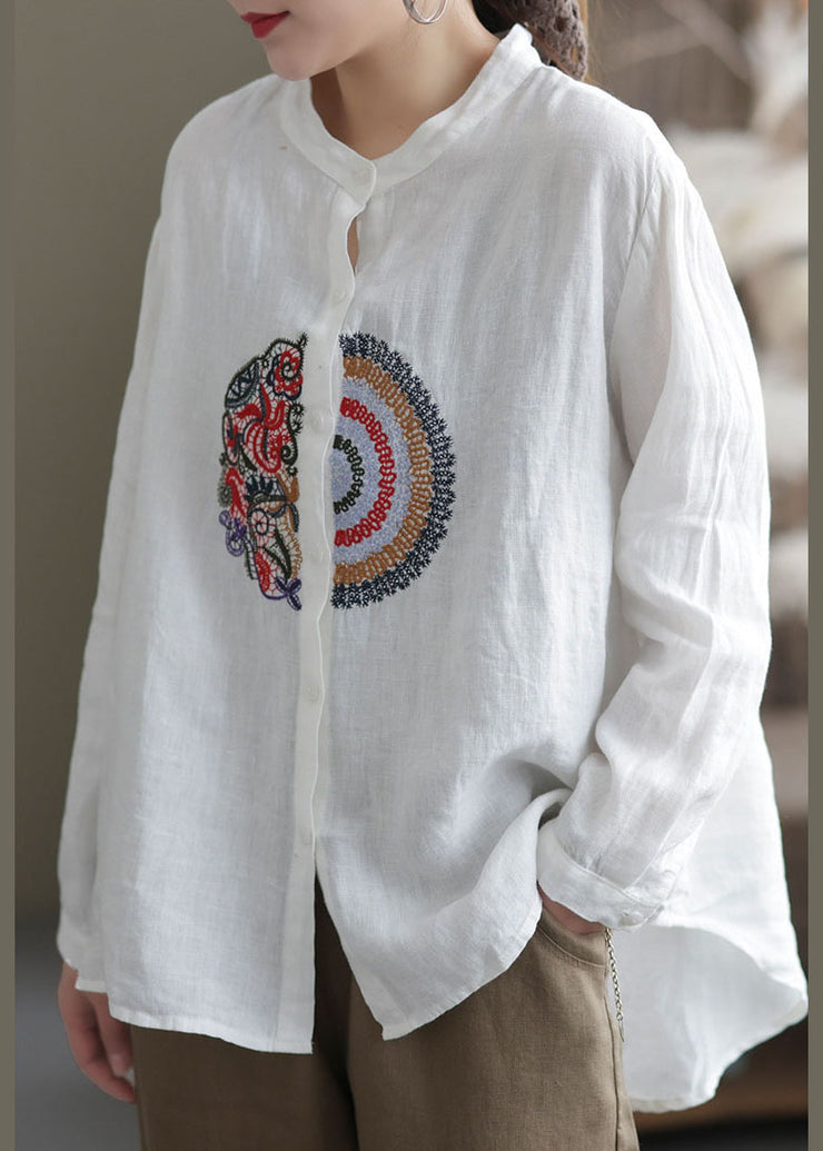 Loose White Embroideried Patchwork Linen Shirts Spring