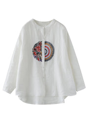 Loose White Embroideried Patchwork Linen Shirts Spring