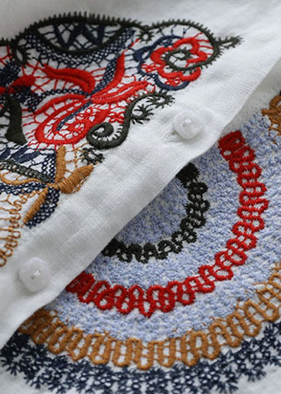 Loose White Embroideried Patchwork Linen Shirts Spring