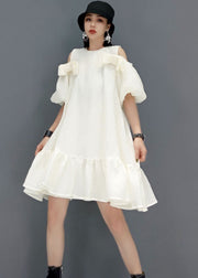 Loose White Puff Sleeve Cold Shoulder a line skirts Party Dress Summer