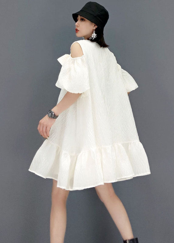 Loose White Puff Sleeve Cold Shoulder a line skirts Party Dress Summer